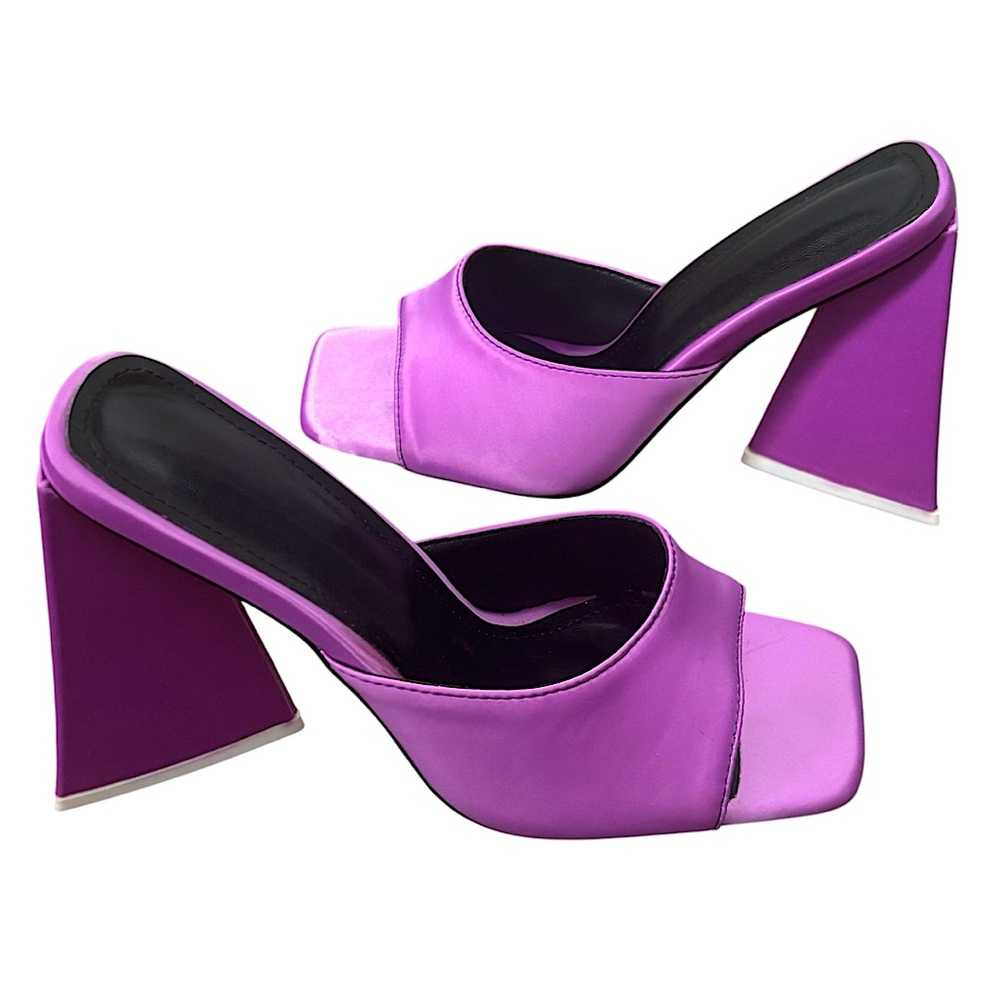 Satin Square Toe Triangular Pyramid Block Heels M… - image 1
